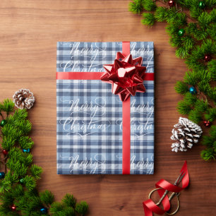 Modern Classic Blue Plaid Merry Christmas Holiday Wrapping Paper