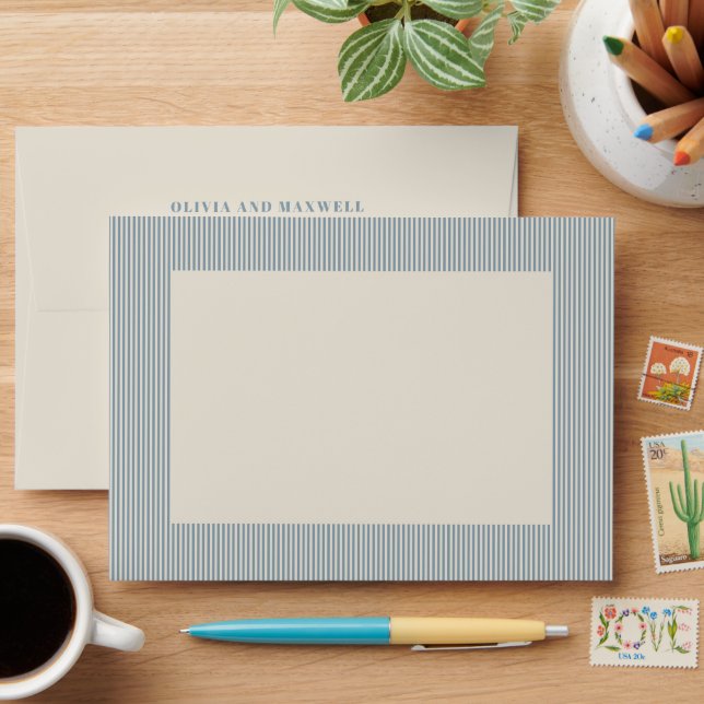 Modern Classic Blue Striped Wedding Envelope (Desk)