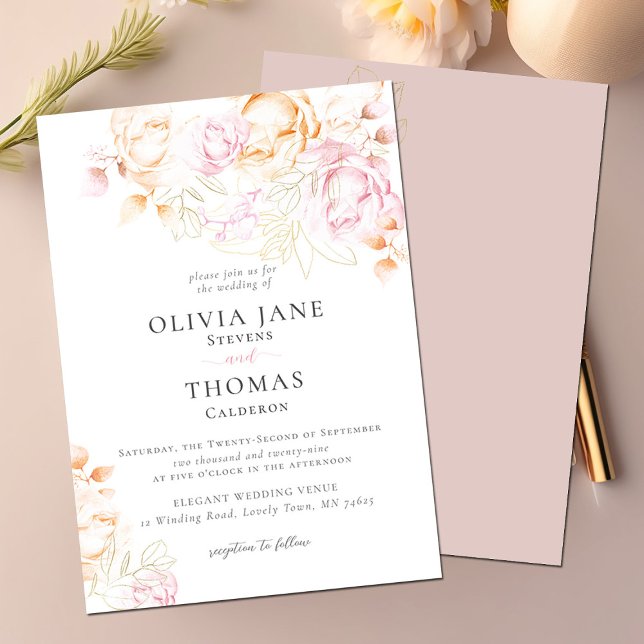 Modern Classic Blush Pink Floral Sketch Wedding Invitation (Creator Uploaded)