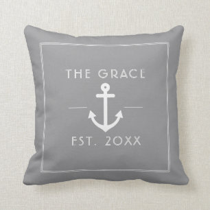 Modern Classic Boat Name Nautical Gray Cushion