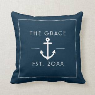 Modern Classic Boat Name Nautical Navy Cushion