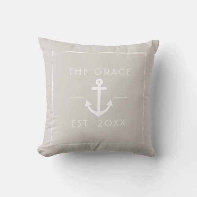 Modern Classic Boat Name Nautical Tan Cushion (Front)