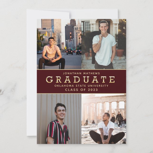 Modern Classic Burgundy Gold Photo Graduation Announcement (Front)