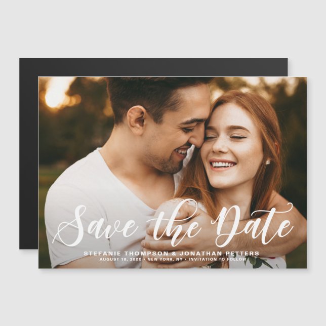 Modern Classic Calligraphy Save the Date Photo Magnetic Invitation (Front/Back)