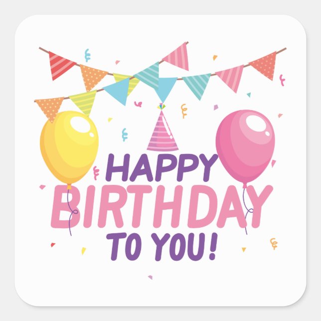 Modern Classic Cute Colorful Girly Happy Birthday Square Sticker (Front)