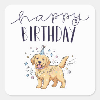 Modern Classic Cute Puppy Dog Happy Birthday Square Sticker