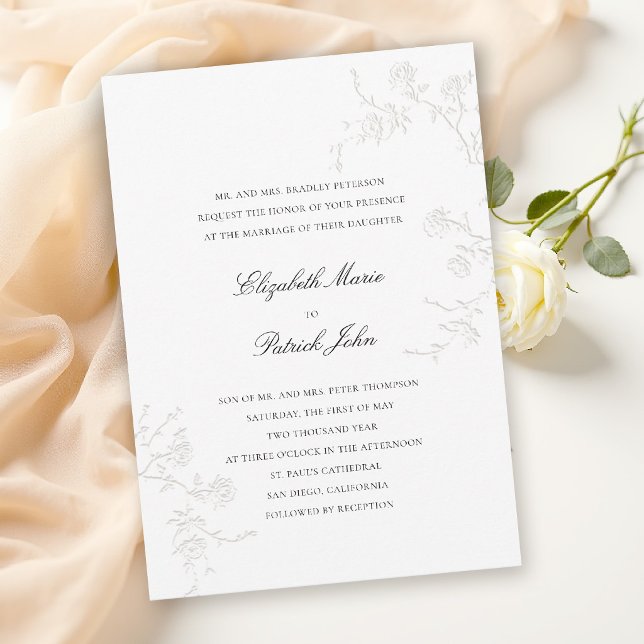 Modern Classic Delicate Wild Roses White Wedding Invitation (modern classic wedding invitation card delicate wild roses wildflowers formal black tie ballroom wh)