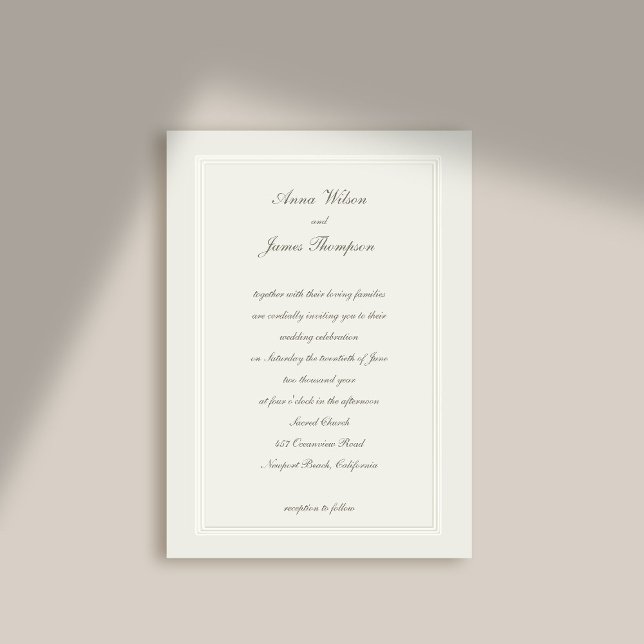 Modern Classic Elegant Frame Ecru Formal Wedding Invitation (formal wedding invitation modern classic ecru double frame faux embossed calligraphy elegant stately)