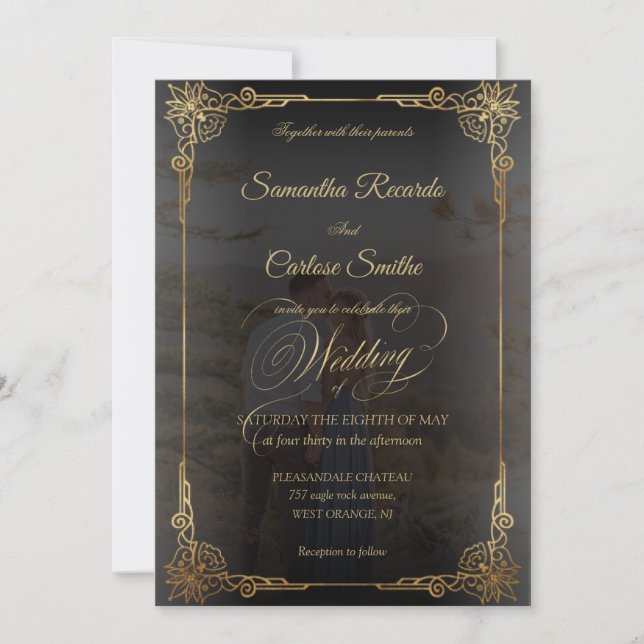 Modern classic faux gald & couple photo  wedding invitation (Front)