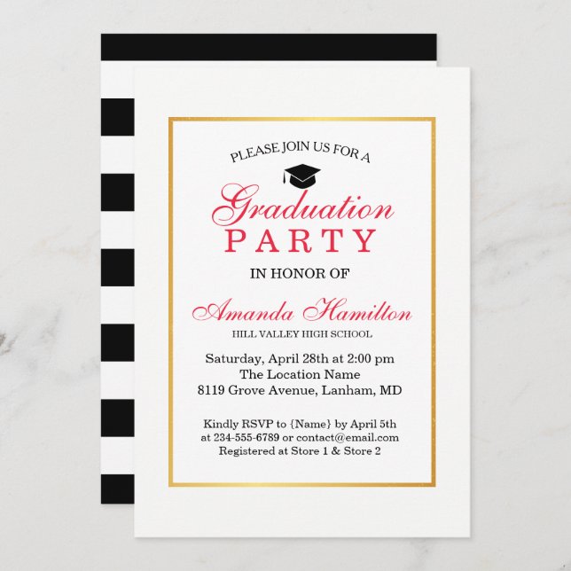 Modern Classic faux gold Frame Graduation Invitation (Front/Back)