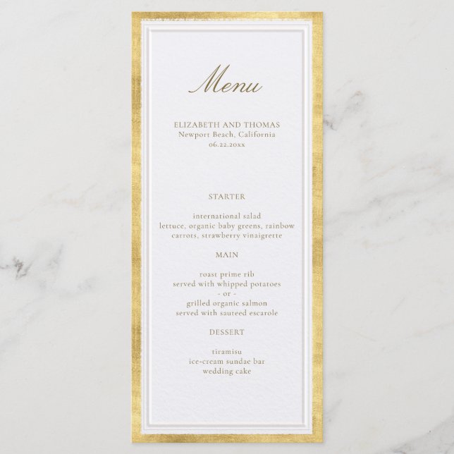 Modern Classic Faux Gold Pearl Formal Wedding Menu (Front)