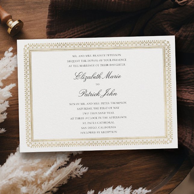 Modern Classic Formal Golden Lys Ivory Wedding Invitation (formal traditional wedding invitation modern classic gold ivory deco ballroom horizontal)