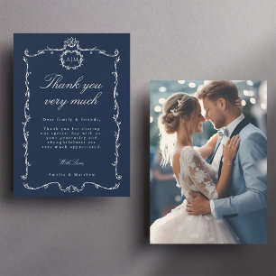 Modern Classic French Frame Navy Wedding Photo Thank You Card