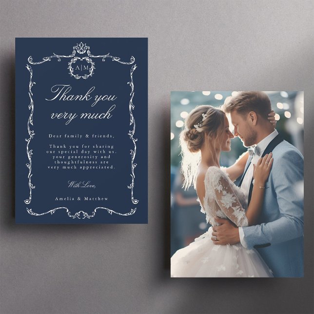 Modern Classic French Frame Navy Wedding Photo Thank You Card (Front & Back)