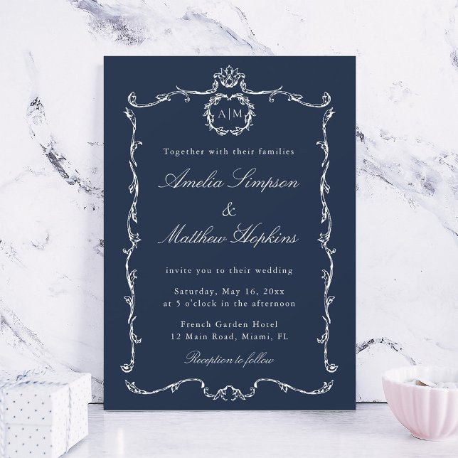 Modern Classic French Frame Wedding Navy Blue Invitation (Creator Uploaded)
