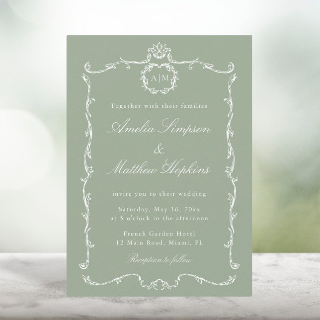 Modern Classic French Frame Wedding Sage Green Invitation (Creator Uploaded)