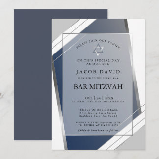 Modern Classic Geometric Blue SIlver Bar Mitzvah I Invitation
