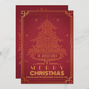 Modern Classic Gold Red Geometric Christmas Tree Holiday Card