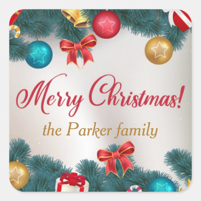 Modern Classic gold red green merry christmas Square Sticker (Front)