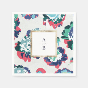 Modern classic green gold abstract floral monogram napkin
