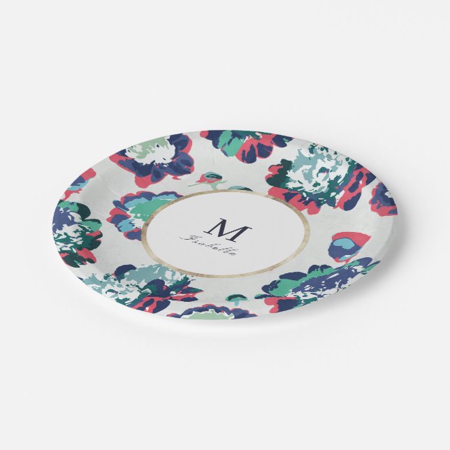 Modern classic green gold abstract floral monogram paper plate (Angled)