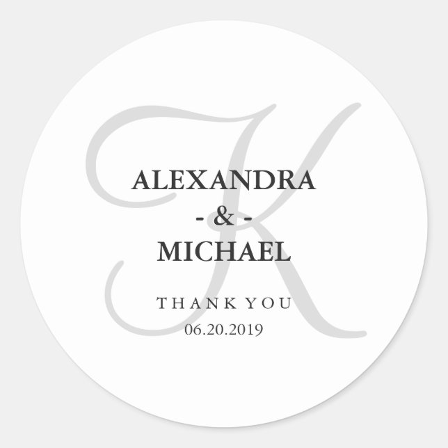 Modern Classic Grey Monogram Wedding Round Sticker (Front)