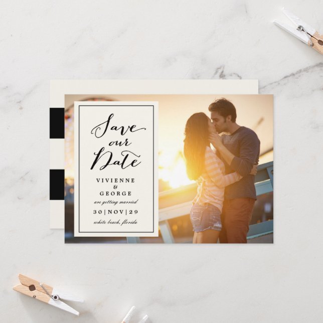 Modern Classic Ivory Box Plate Photo Save The Date Invitation (Front/Back In Situ)
