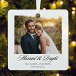 Modern Classic Married and Bright Wedding Photo Metal Tree Decoration<br><div class="desc">Custom-designed wedding photo ornaments featuring classic style calligraphy with personalised newlywed's photo,  name,  and year.</div>