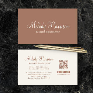 Modern Classic Minimalist Elegant Mocha QR Code Business Card