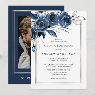 Modern Classic Navy Blue Floral Photo Wedding Invitation
