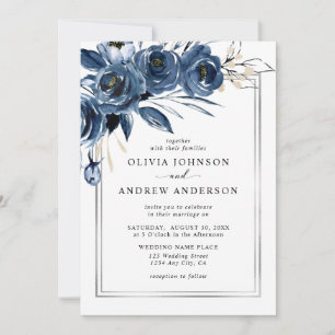 Modern Classic Navy Blue & Silver Floral Wedding Invitation