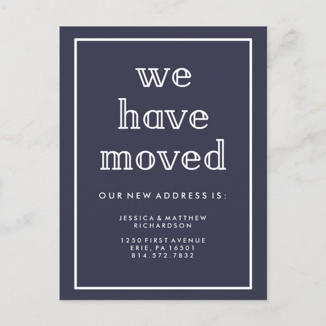 Modern Classic Navy Blue | We Have Moved Announcement Postcard (Front)