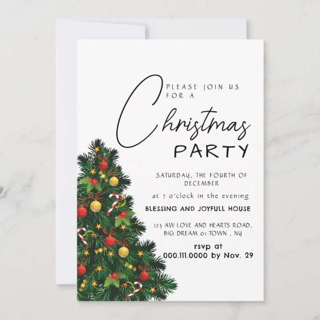 Modern Classic Pine Tree & Ornaments Holiday Invitation (Front)