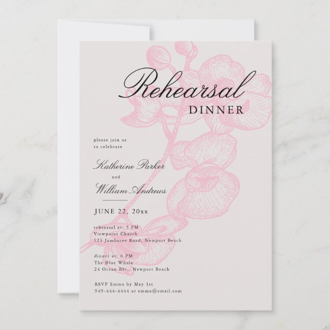 Modern Classic Pink Orchid Sketch Rehearsal Dinner Invitation (Front)