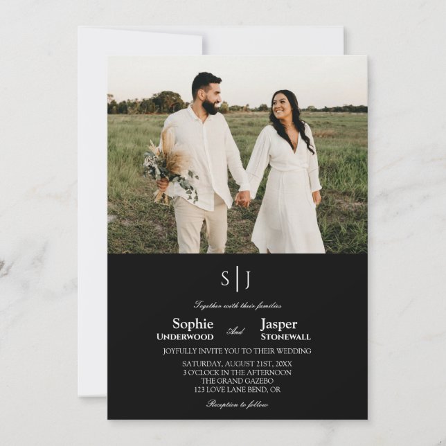 Modern Classic Plain Black Monogram Photo Wedding Invitation (Front)