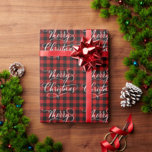Modern Classic Red Plaid Merry Christmas Holiday Wrapping Paper