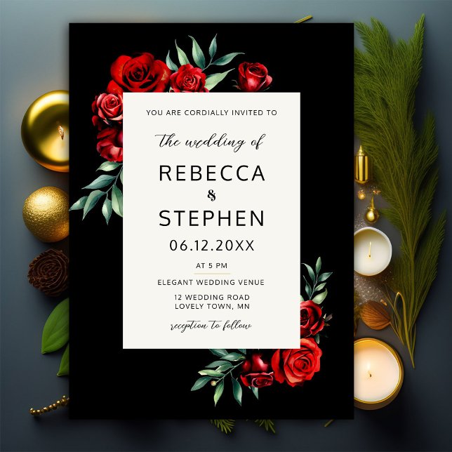 Modern Classic Red Rose Black Floral Frame Wedding Invitation (Creator Uploaded)