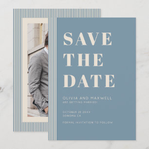 Modern Classic Save The Date Blue Striped Photo Invitation