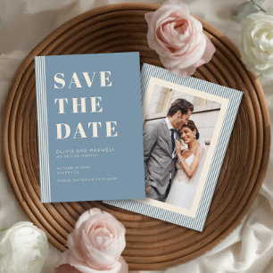 Modern Classic Save The Date Blue Striped Photo Invitation