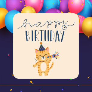 Modern Classic Simple Happy Birthday Cat Square Sticker