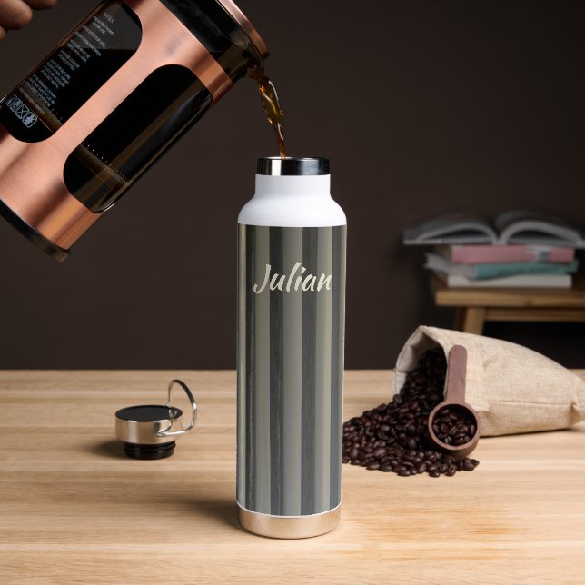 Modern Classic Smokey Grey Stripes with Name Water Bottle (Coffee)