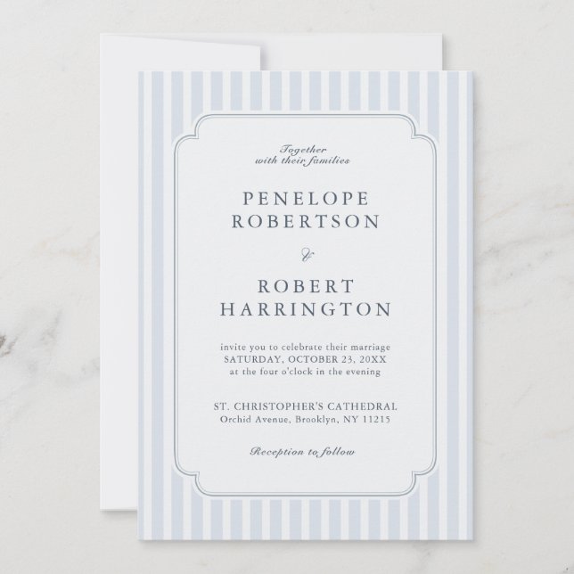 Modern Classic Stripes Dusty Blue QR Code Wedding  Invitation (Front)