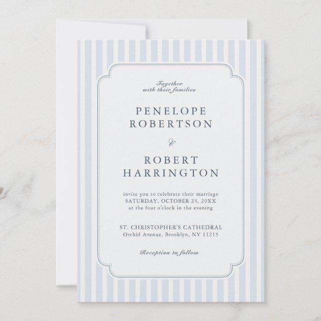 Modern Classic Stripes Dusty Blue Vintage Wedding  Invitation (Front)