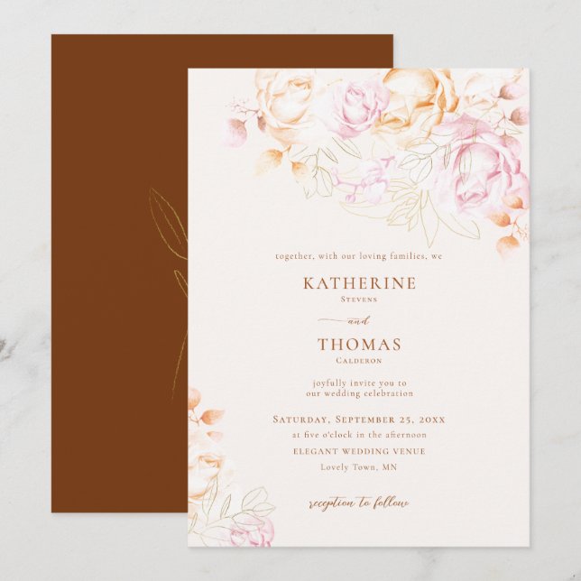 Modern Classic Terracotta Pink Fall Floral Wedding Invitation (Front/Back)