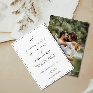 Modern Classic White Monogram Photo Wedding Invitation