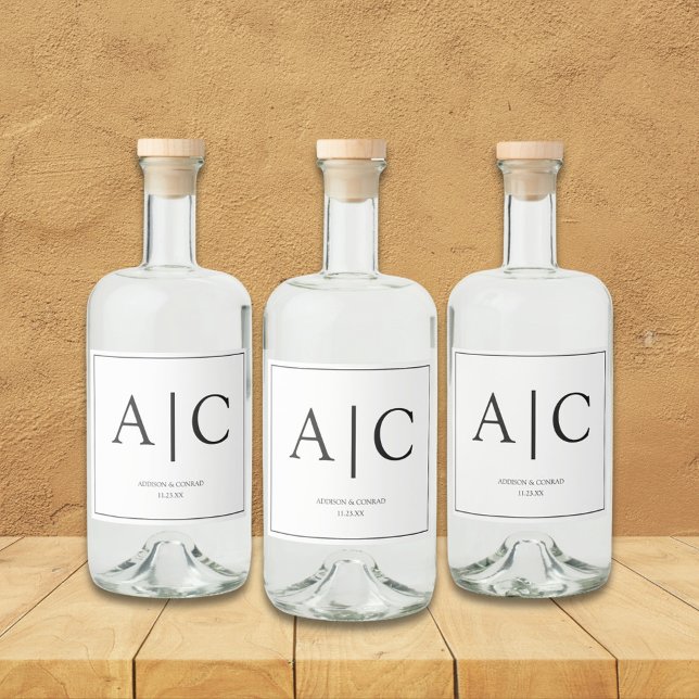  Modern Classic White Monogram Wedding Liquor Bottle Label (Creator Uploaded)