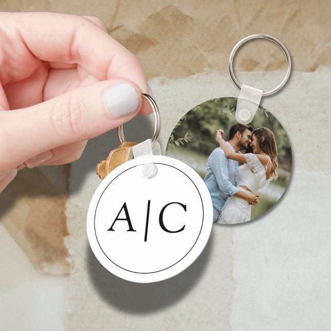  Modern Classic White Monogram Wedding Photo Key Ring (Creator Uploaded)