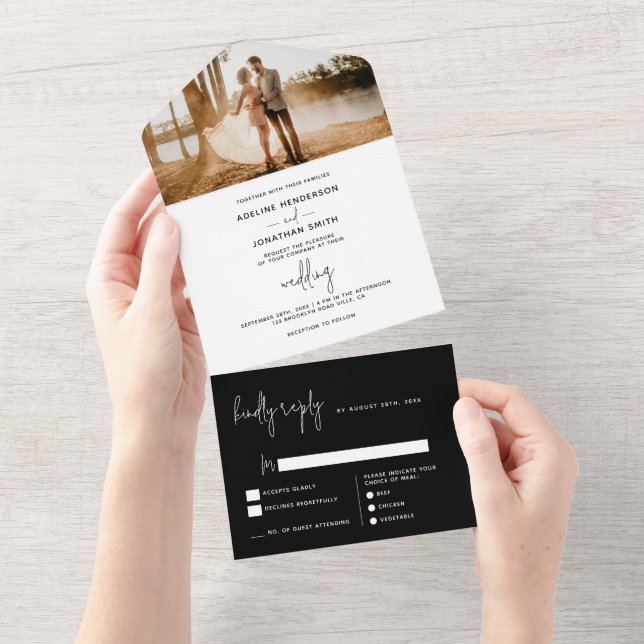 Modern Classy Black and White Photo Wedding All In One Invitation (Tearaway)