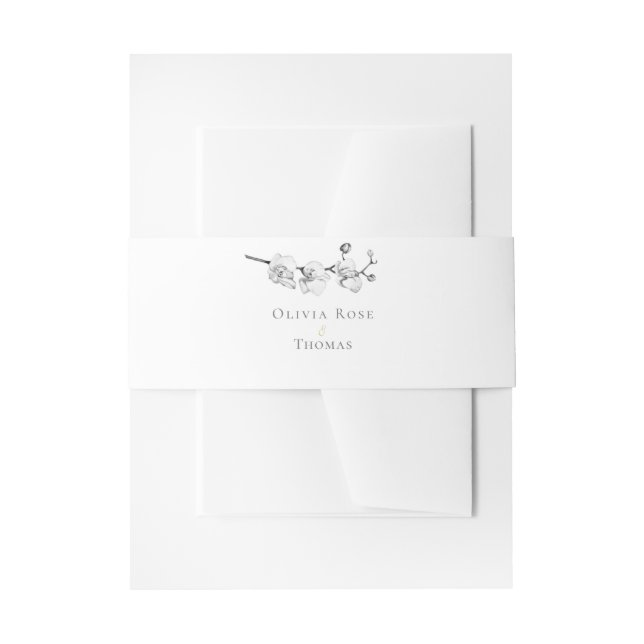 Modern Classy Black White Orchids Wedding Envelope Invitation Belly Band (Front Example)
