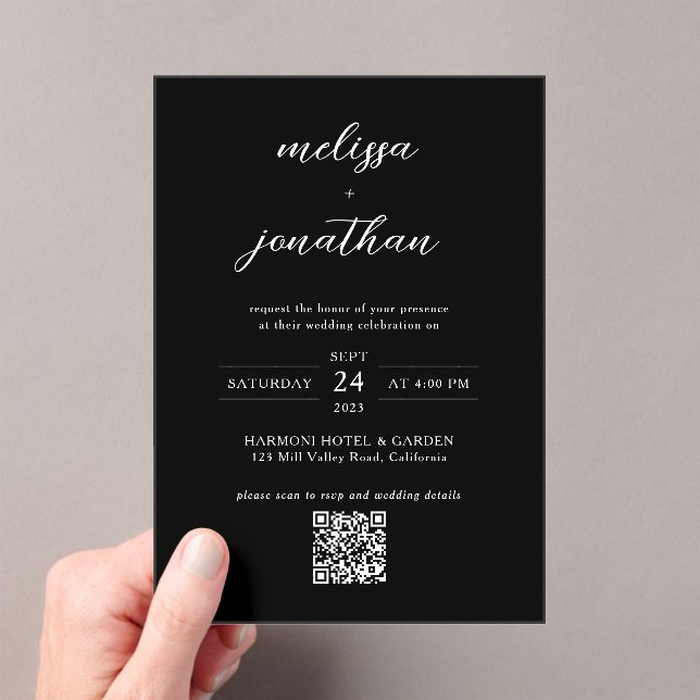 Modern Classy Black & White Script QR code Wedding Acrylic Invitations (Insitu (Handheld))